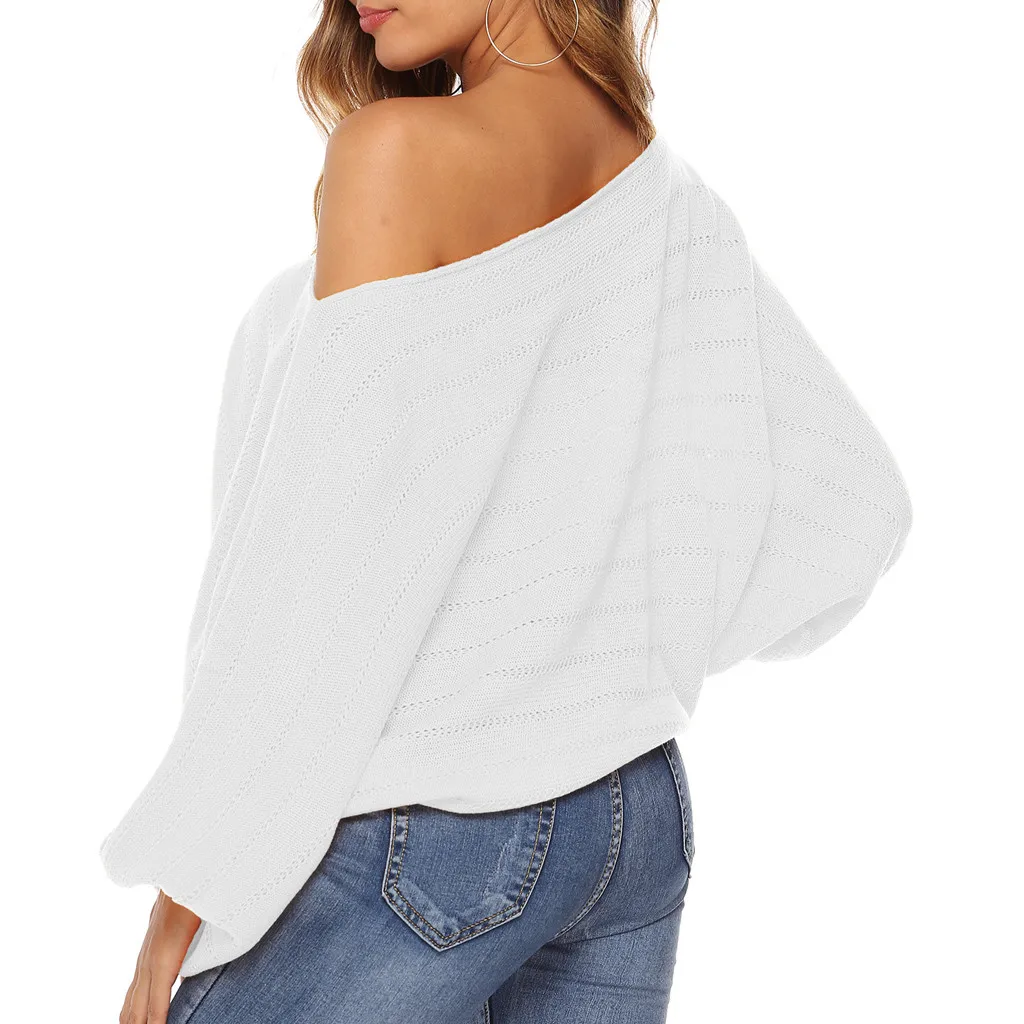 

2020 trend spring and autumn ladies casual solid color long-sleeved off-shoulder bat sleeve pullover loose elegant sweater top
