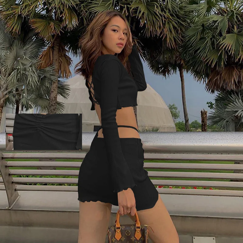 

2021 Fashion Women Spring New Women's Long Sleeve Back Cross Bandage Exposed Navel Ear Edge Short T-shirt Sexy Skirt Suit