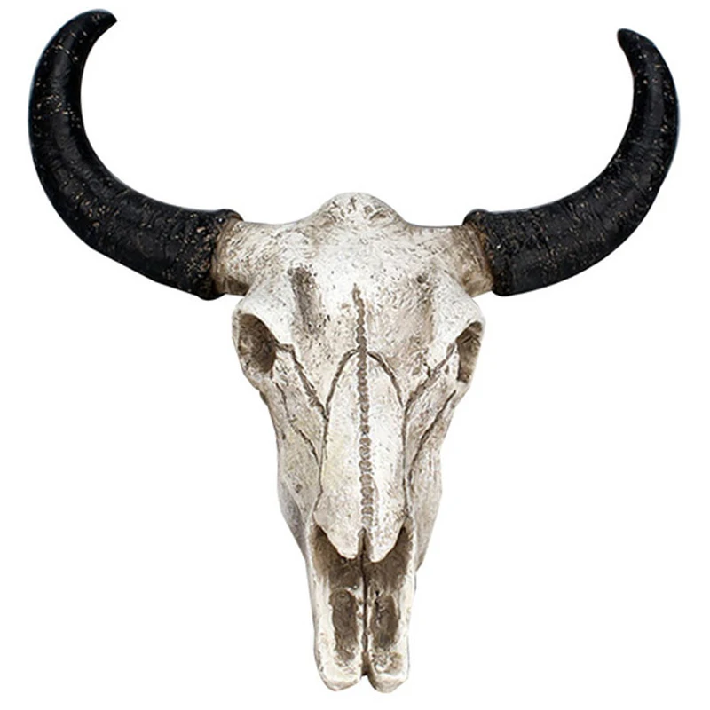 HLZS-Resin Longhorn Cow Skull Head Wall Hanging Decor 3D Animal Wildlife Sculpture Figurines Crafts Horns For Home Halloween Dec