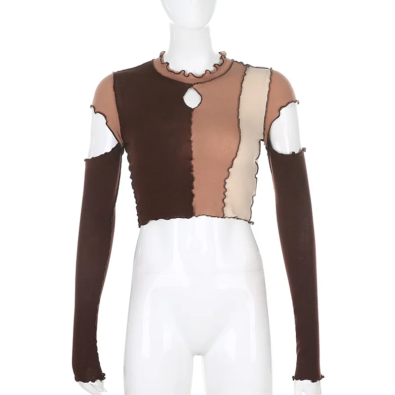

2021 Vintage Frill Hollow Out Cropped Tshirt Women Autumn Fashion Long Sleeve T-shirt Ladies Basic Patchwork Top Tees Streetwear
