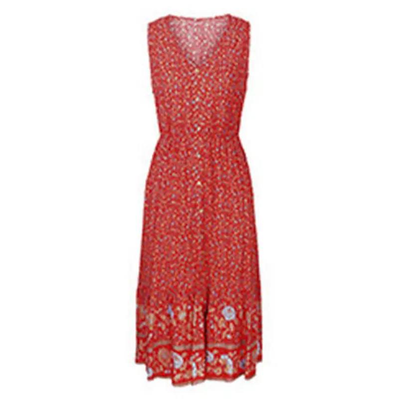 

KNOYEER Floral Print Long Dresses For Women 2021 Button V Neck Vintage Sleeveless Casual Summer Party Dress Boho Lady Vestidos