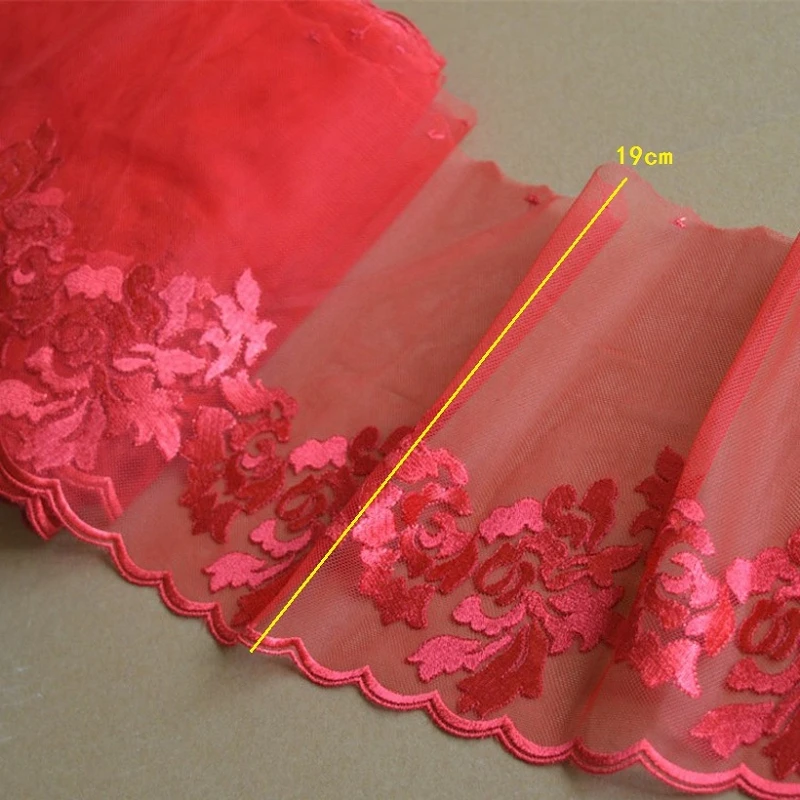 

10Meters Delicate Embroidered Flower Red Pink Black Tulle Lace Trim Mesh Fabric Ribbon Sewing Craft DIY 19cm Width High Quality