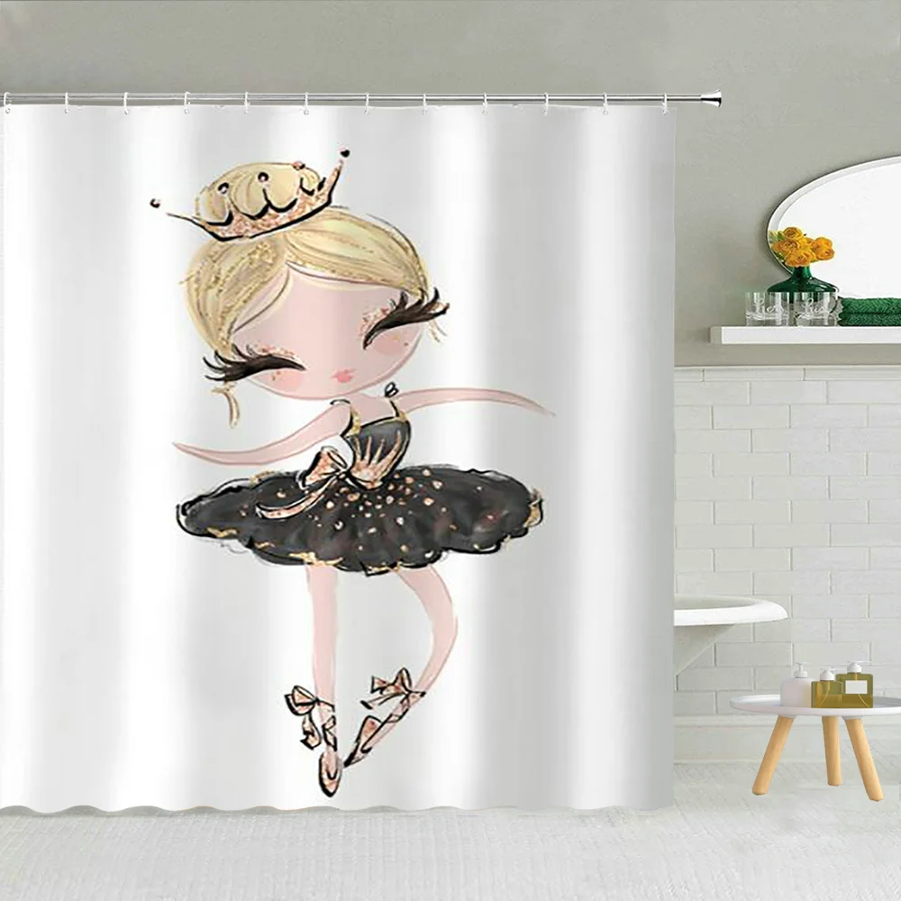

Bird Ballet Girl Starry Sky Creative Pattern Shower Curtain Black White Bathroom Decor Flamingo Plant Leaf Waterproof Curtains