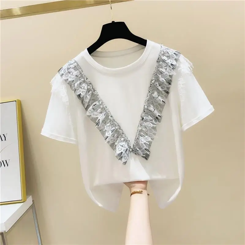

Korean style beaded temperament short-sleeved round neck T-shirt women 2021 summer new ruffle stitching lace ladies top