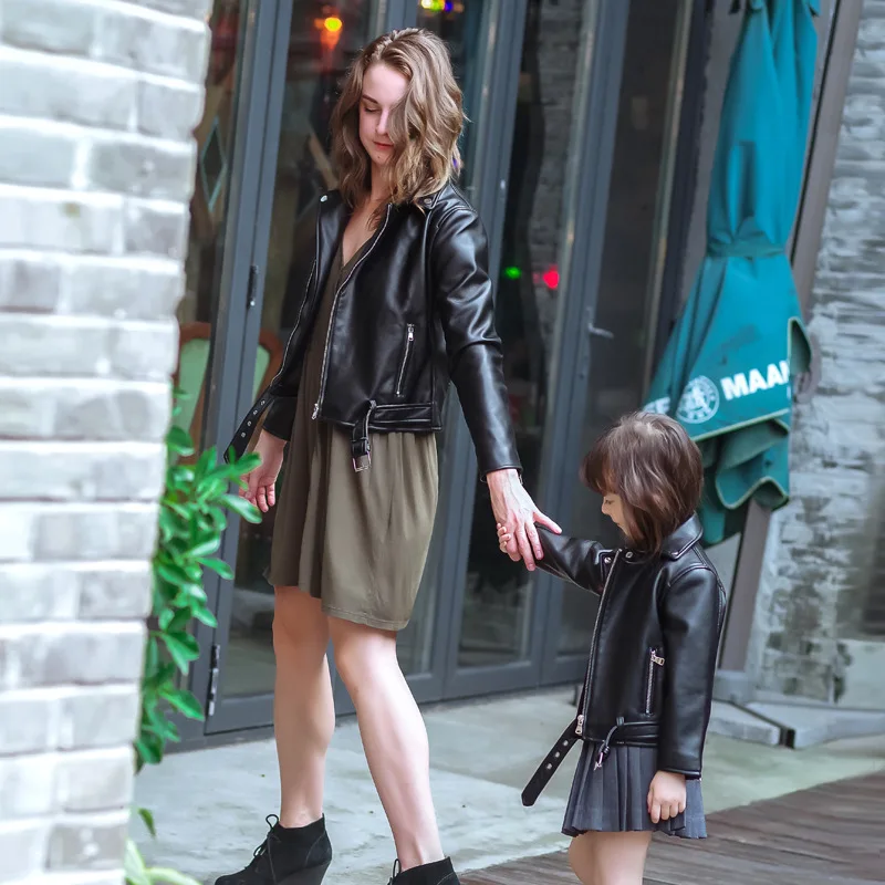 Family Matching Outfits Faux Leather Jacket Ladies PU Slim Black Zipper Biker Coat Mom and Me Outwear Coats Leather Jacket Women