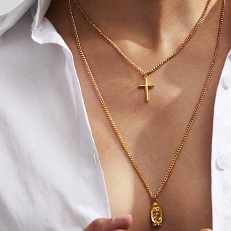 

European and American simple fashion retro gilded Madonna cross pendant men and women necklace