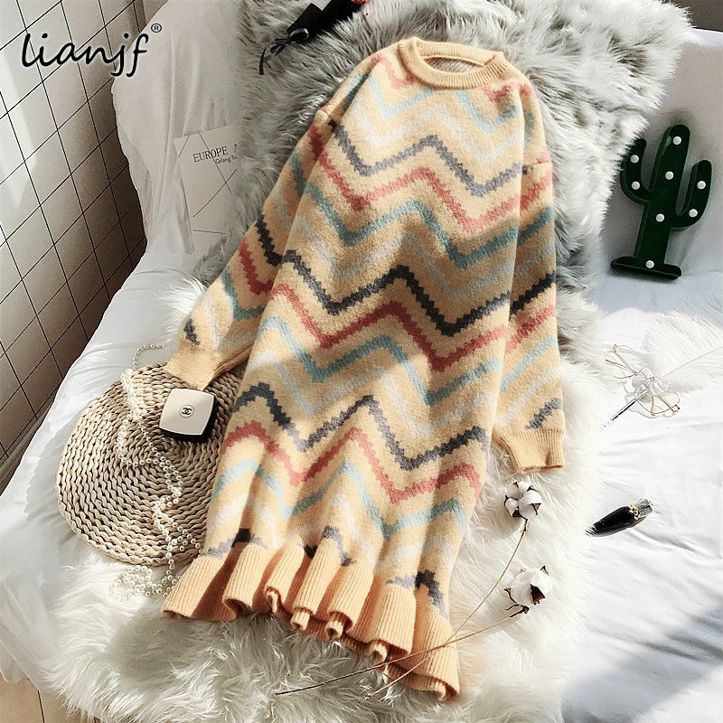 

Rainbow Stripes Long Sweater Dress Over The Knee Loose Korean 2021 New Autumn And Winter Knitting Dress Female Thick Warm Tops