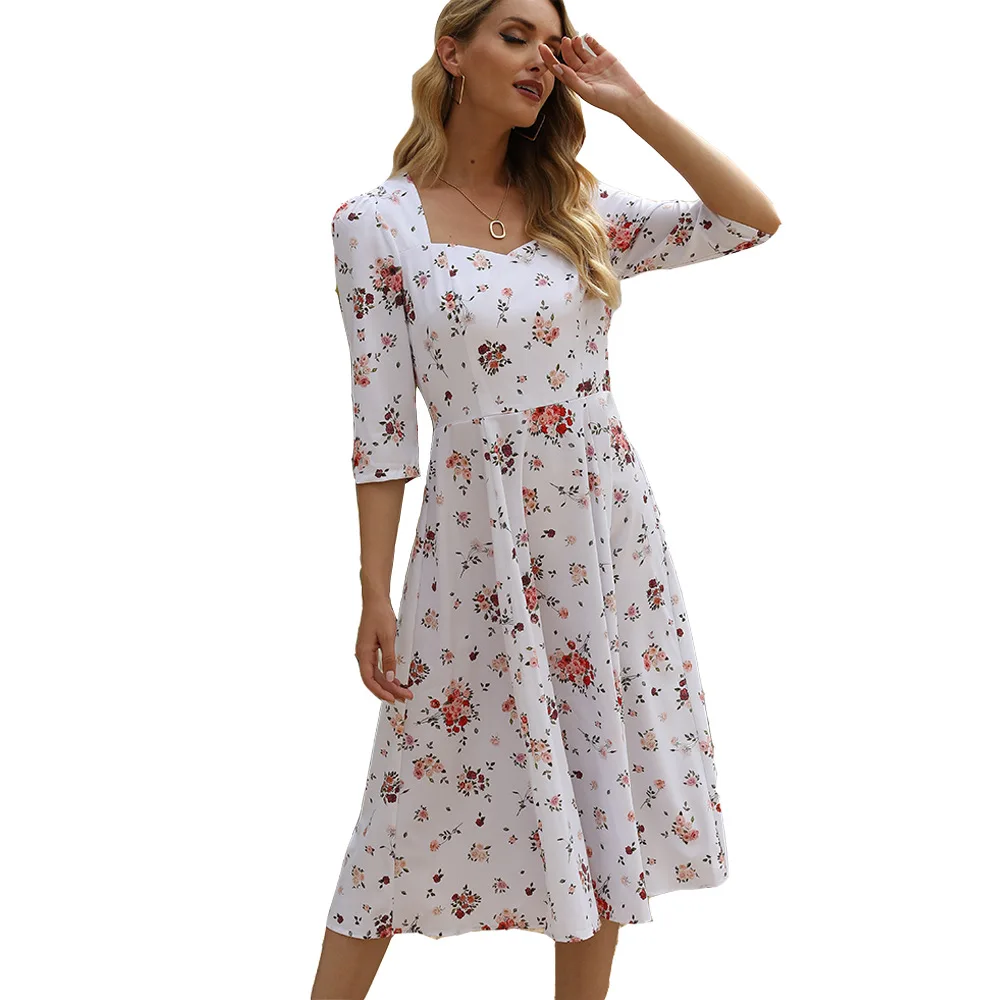 

Donsignet 2021 Spring Summer Fashion New Women Dress Floral Print T-strap Banquet Elegant Dress Half Sleeve Mid-Calf Vestidos
