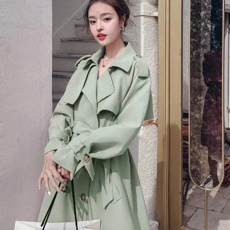 Abrigo Mujer Pink Green Women's Trench Coat, Long Duster With Belt  Spring Fall Fashion Temperament Korean Casual Jacket 2023