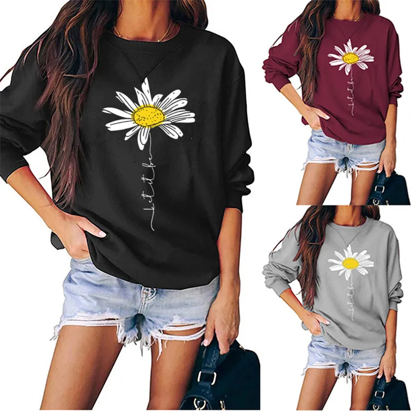 

Women Oversize hoodies LET IT BE DAISY Letter Print Harajuku Kpop Hoodie O-neck Long Sleeve Tops Female Daisy Graphic Sweatshirt