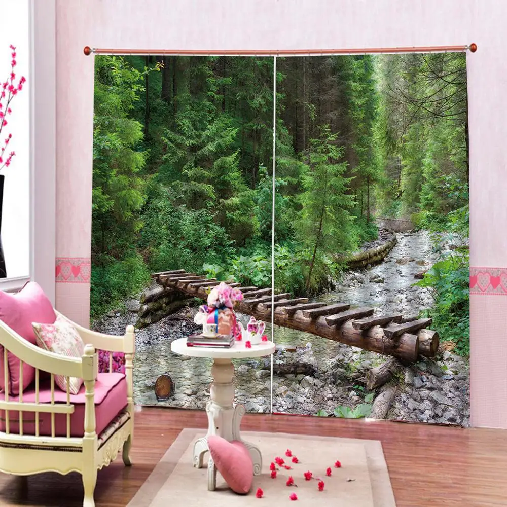 

Autumn Creek Woods landscape Window Curtains withTrees and Tree bridge in Forest Mountain Fabric For Living room Bedroom Drapes