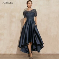ae09 navy blue satin prom dresses o neck lace short sleeve asymmetrical sexy party gowns vestidos largos