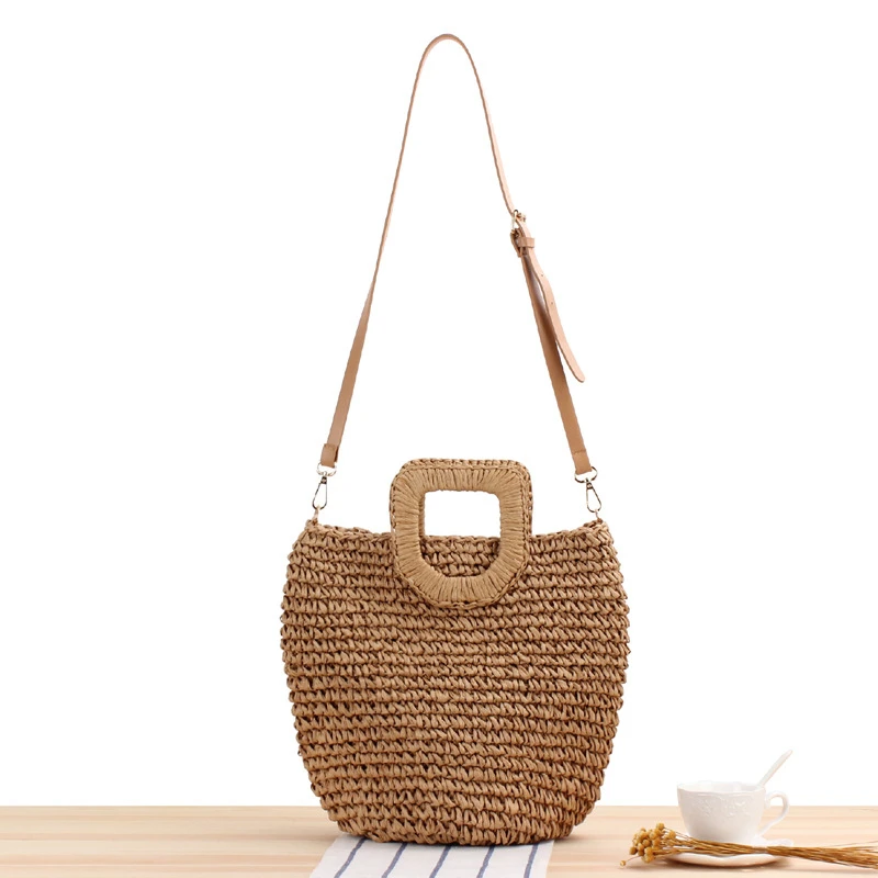 

High Capacity Ladies Straw Handbag Two Color Fashion Bohemian Shoulder Bag For Women With Adjustable PU Long Strap String Lining