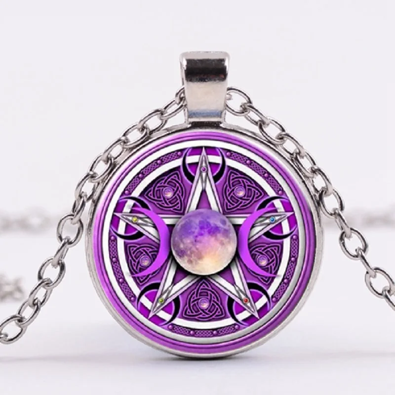 

Retro Triple Moon Goddess Necklace Wicca Pentagram Tree of Life Glass Long Chain Necklace Magic Amulet Protection Jewelry
