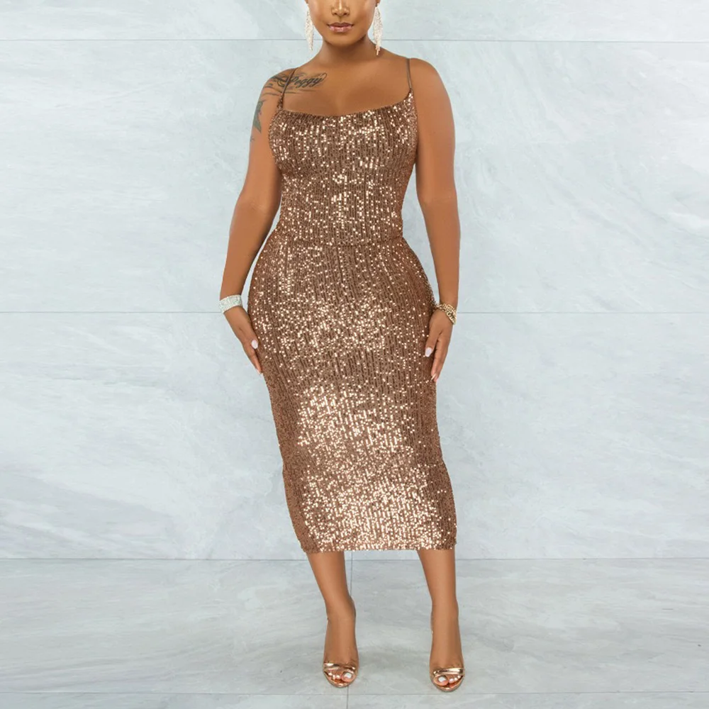 

Sexy Sequined Spaghetti Strap Dresses for Women Bodycon Square Neck Backless Back Split Mid Calf Elegent Evening Night Club Hot