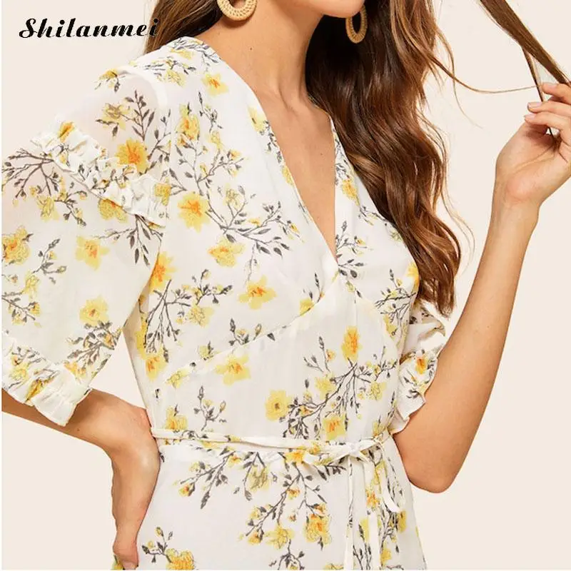 

2019 White Floral Summer Dress Women Half Sleeve V Neck Bohemian Dresses Vintage Print Lace Up Beach Party Holiday Dress Vestido