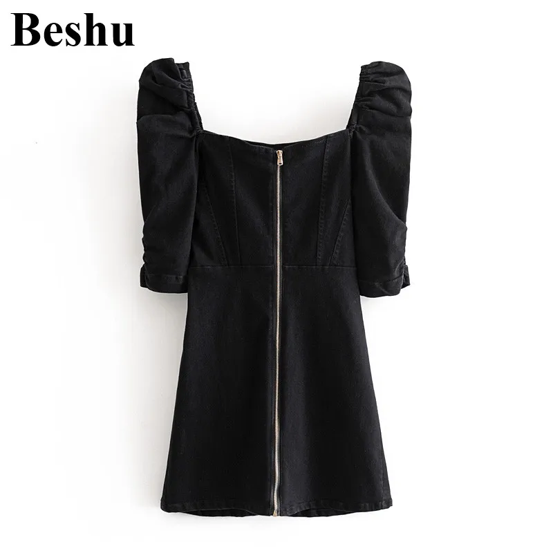 Za 2020 модное мини платье женское черное джинсовое винтажное на молнии спереди с