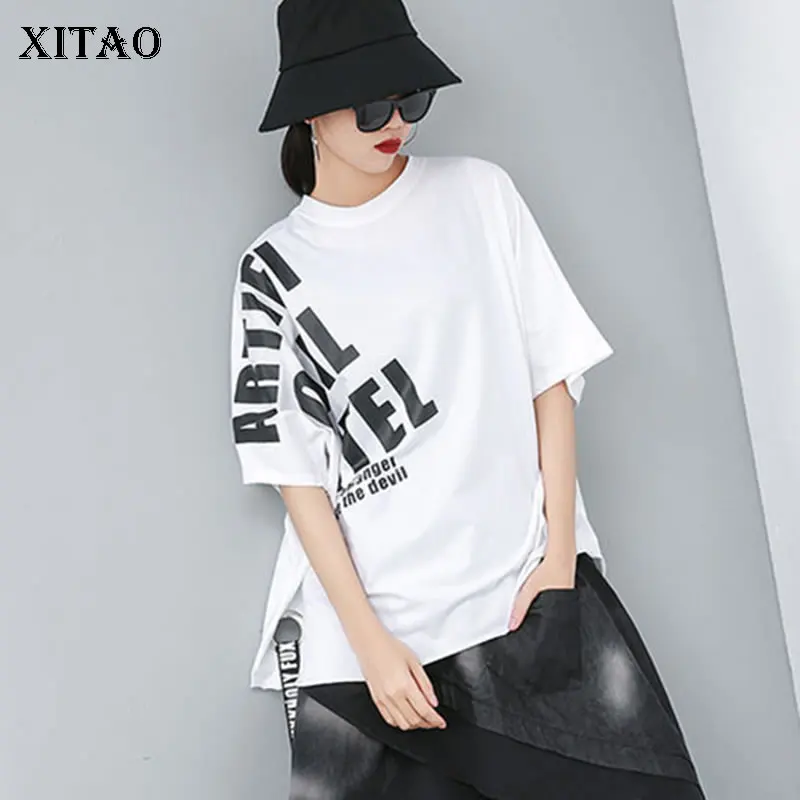 XITAO хип хоп принт неровная длинная футболка рукав летучая мышь с буквенным