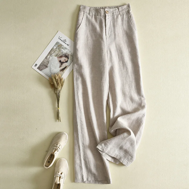 

Korean style pants traf thin section solid color casual loose cotton linen pants women drape high waist straight trousers women