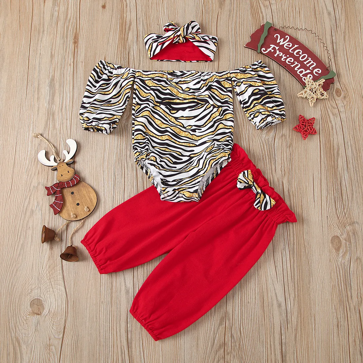 

0-24M Fashion Baby Girl Clothing Gold Leopard Print Long Sleeve Romper Top+Red Pants+Bow Headband Spring Kids Outfits 3pcs