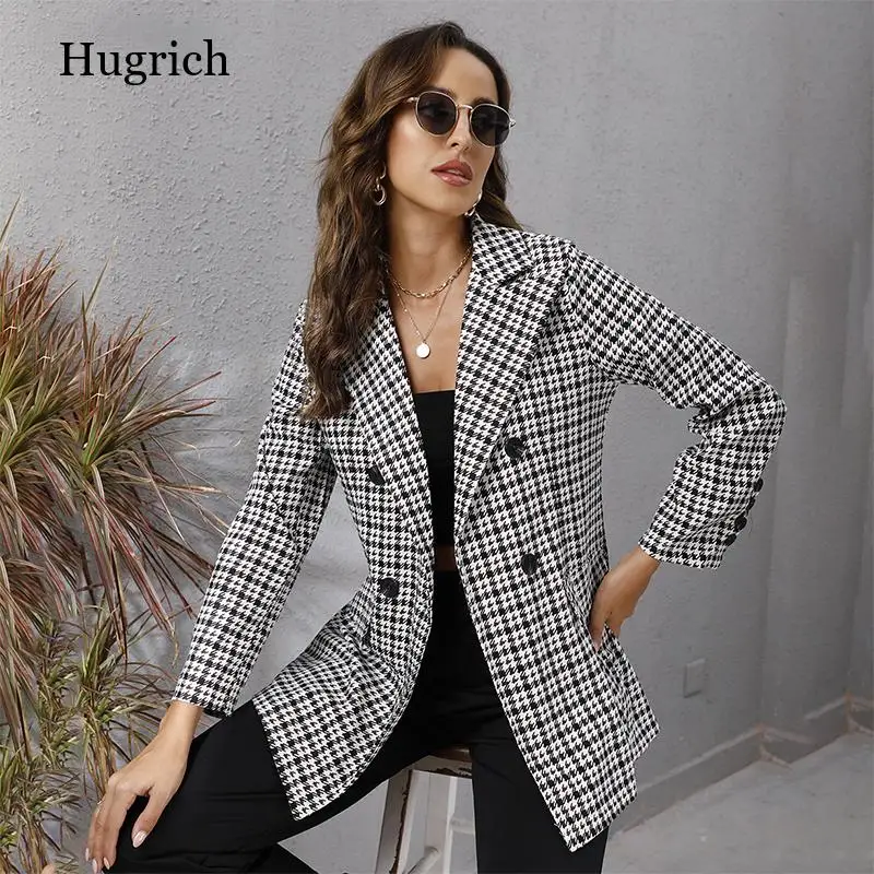 

Women Houndstooth Blazer Long Sleeve Turndown Collar Button Jacket Elegant Office Ladies Clothing Fashion Streetwear Jackets