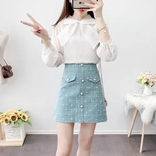 

Women 2021 Early Spring Fashion Two-piece Sets Female Chiffon Lace Bow Pullover Shirts Ladies High Waist A-line Skirt Suits E342