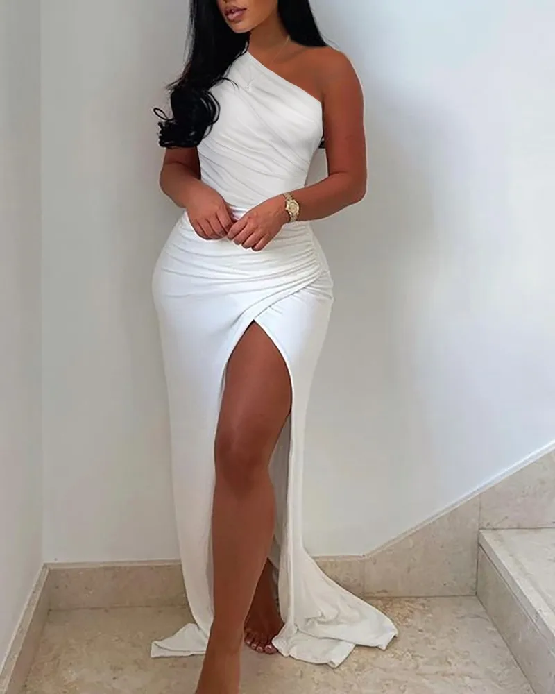 

Ruched One Shoulder Solid Split Thigh Maxi Dress
