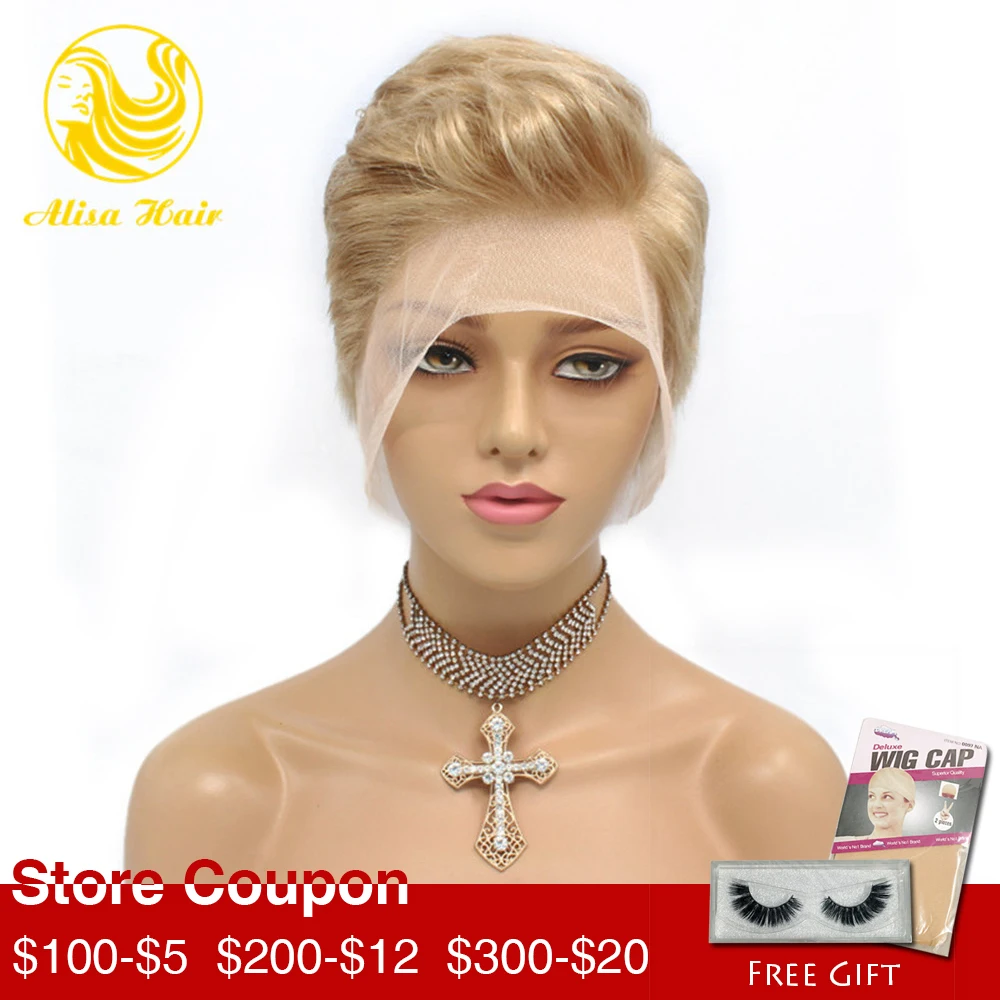 

Парики Alisa из человеческих волос, короткие, короткие, с кружевом спереди, блонд #613, с боковой частью, бразильские парики для чернокожих женщи...