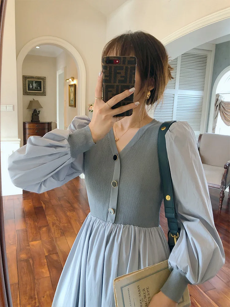 

Women's 2021 autumn new style French retro high-quality chic knit puff sleeve Elegant dresses for women