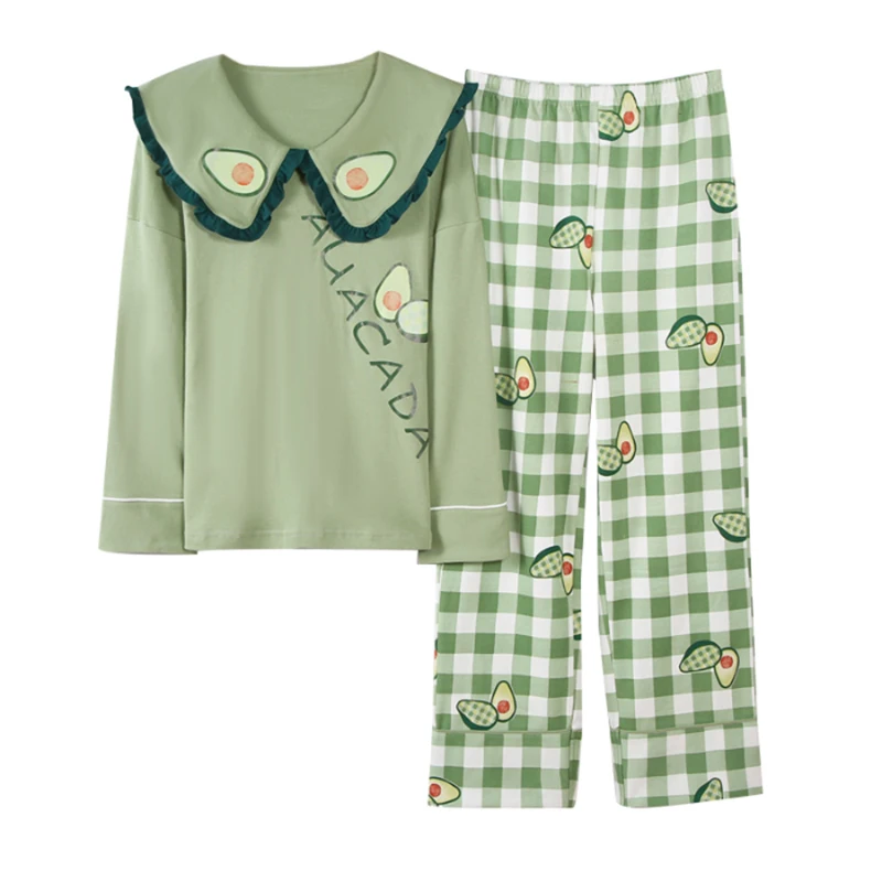 VSUE весенняя осенняя пижама женский комплект с зеленым принтом авокадо клетчатые