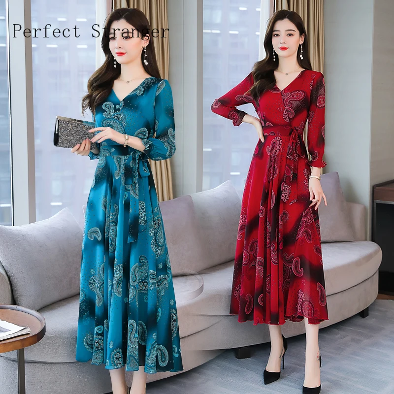 

2020 Autumn New Arrival Plus Size M-3XL High Quality Elegant V Collar Long Sleeve Flower Printed Women Chiffon Long Dress