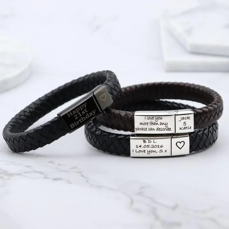 Personnalisé Men Braided Genuine Leather Bangle Stainless Steel Jewelry Custom Engraved Name Charm Woven Bracelets for Men Gifts