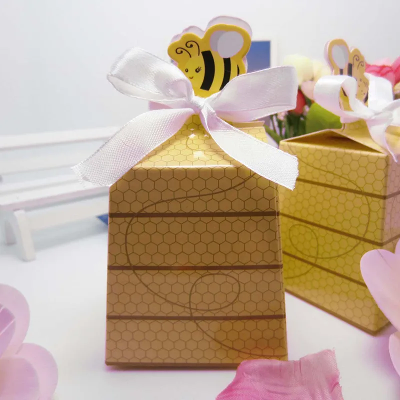 

20pcs Yellow Bee European Style Favors Candy Dragee Gift Box with White Ribbons Baby Shower Wedding Gift Birthday Party Supplies