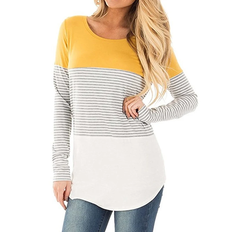 50 2019 Casual Cotton Long Sleeve T-Shirt Women Striped Elastic Loose Shirt O Neck Female Irregular Hem Top Patchwork | Женская одежда