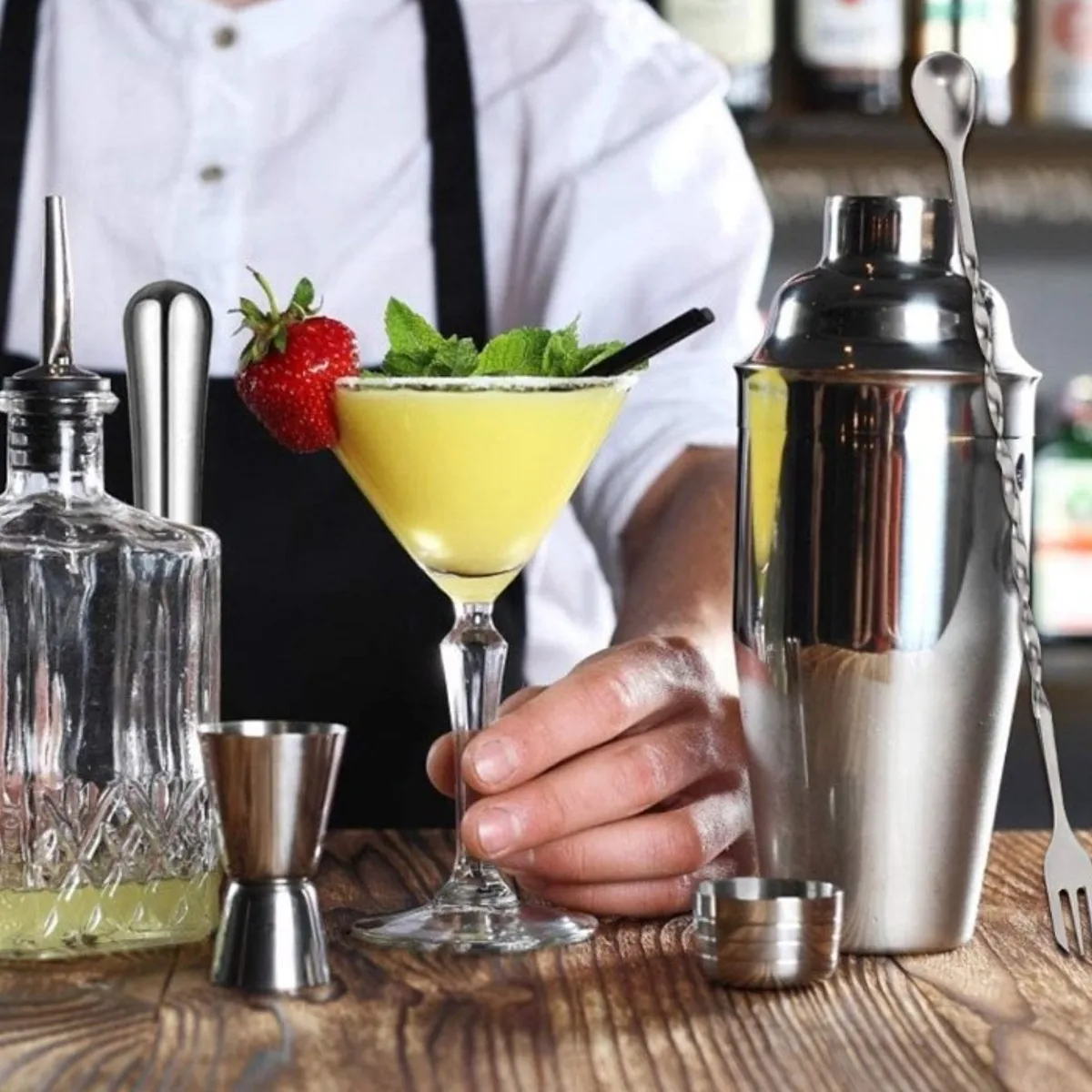 

11Pcs 750ml Stainless Steel Cocktail Shaker Mixer Kit Bar Bartender Shaker Mixing Spoon Ice Tong Tools Set With Bamboo Wine Rack