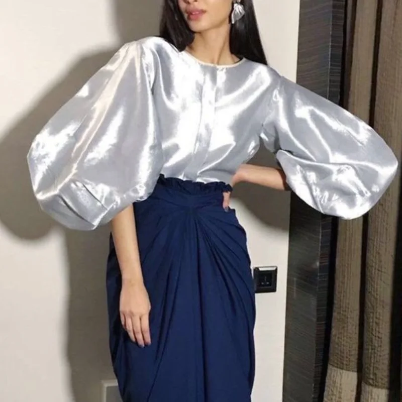 

Women Blouses Long Lantern Sleeves O Neck Shiny Thin Elegant Office Tops Shirt Fashion Bluas Autumn Spring Pink Elegant New 2021