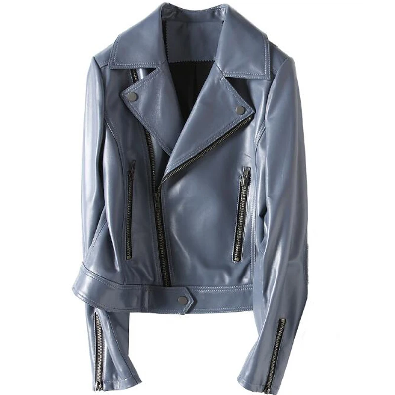 

Blue Color Genuine Leather Short Jacket for Women - Women's Biker Real Leather Professional Jacket 100% Natural Sheepskin&lambsk