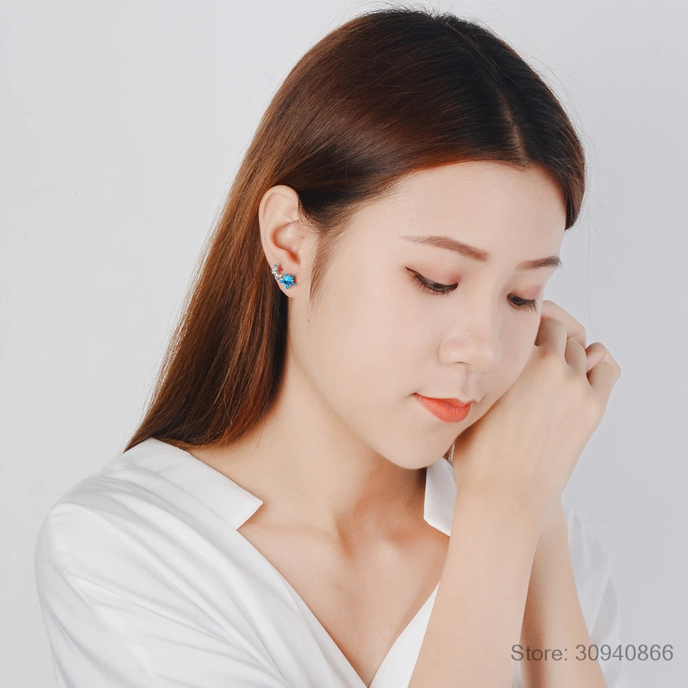 Модный Голубой цирконий звезда 925 стерлингового серебра серьги-гвоздики для