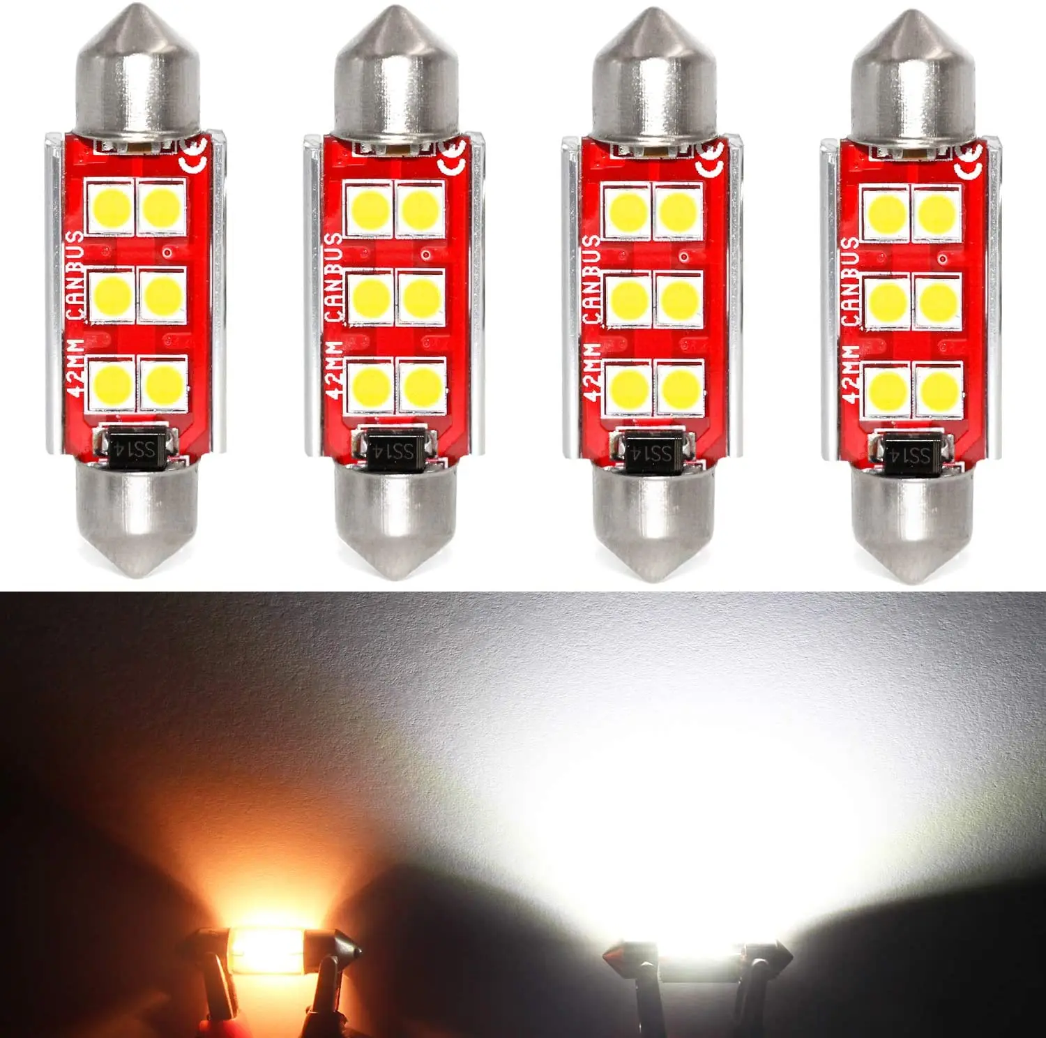 Super Bright 211-2 LED Bulb 3030 6-SMD Festoon 41mm 42mm 578 212-2 Bulbs for Car Interior Map Dome Trunk Courtesy Light,(4Pack)