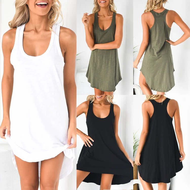 

2021 women's solid round neck I-shaped vest casual loose dress