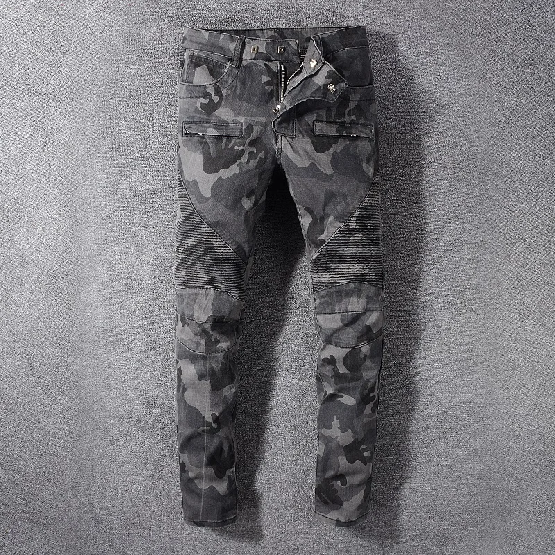 Camouflage gray Мужские джинсовые байкерские камуфляжные серые джинсы мотоциклетные облегающие брюки для верховой езды - Цвет: Camouflage gray