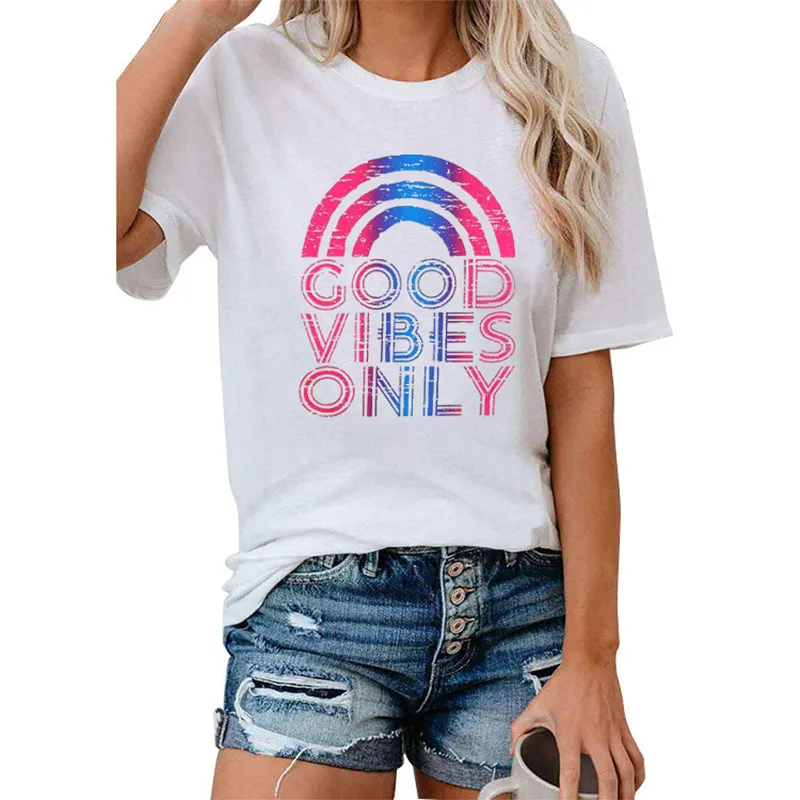 Женская Мягкая уличная футболка Good Vibes Only Rainbow Забавный топ с графикой