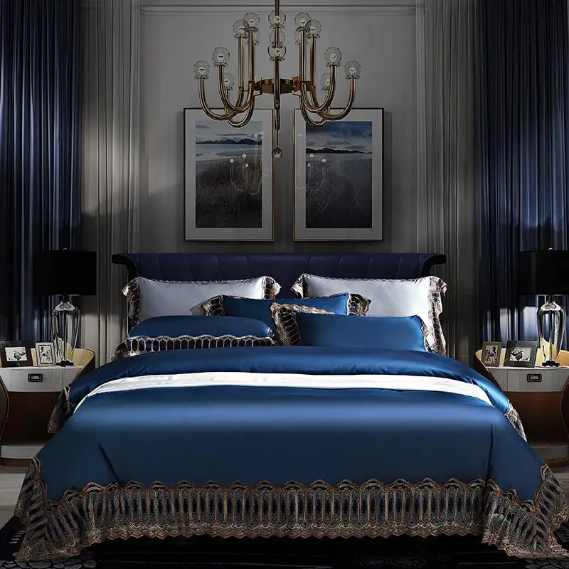 

Solid Blue Grey White Luxury Lace Bedding Set Queen King 4Pieces Quality Soft 1000TC Egyptian Cotton Duvet Comforter Cover Set