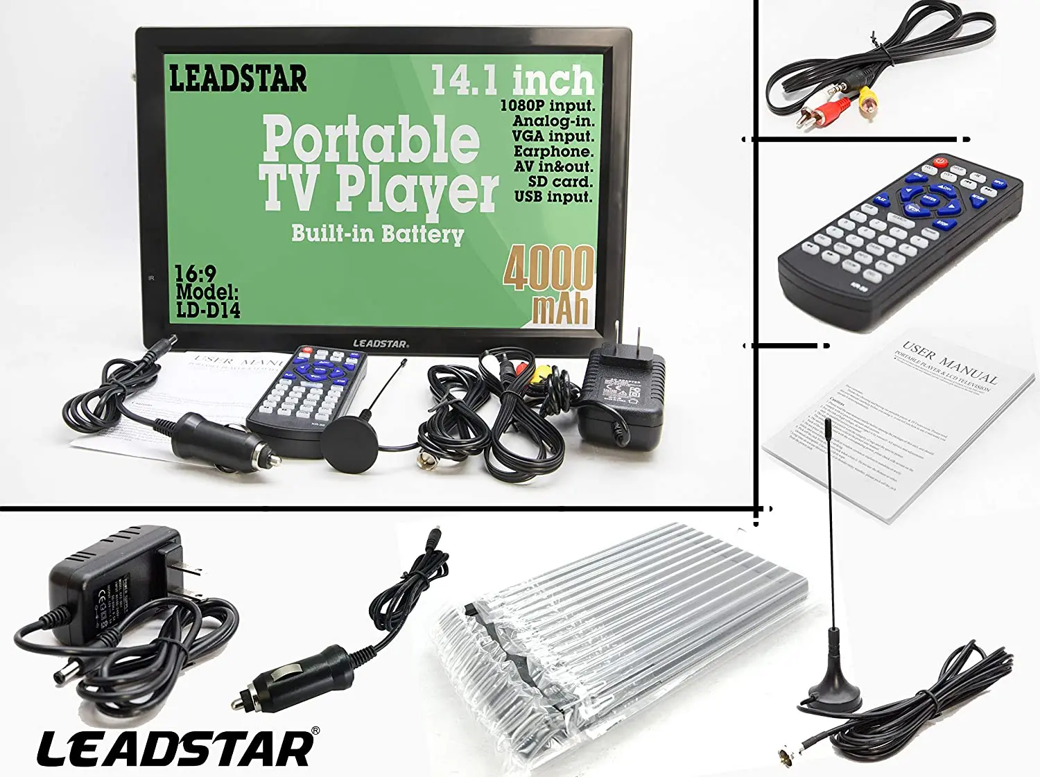 Портативный телевизор LEADSTAR 14 дюймов HD цифровой аналоговый поддержка MP4 AC3 HDin