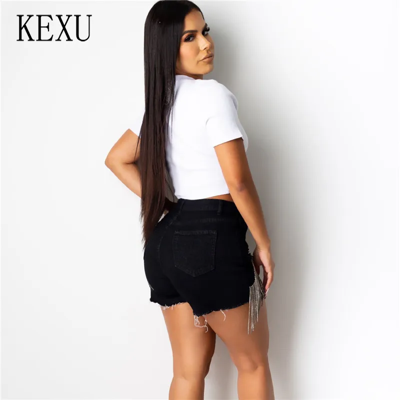 

KEXU Skinny Denim Short Pants Sparkling Hot Drilling High Waist Tassels Button Pockets Summer Casual Party Club Streetwear
