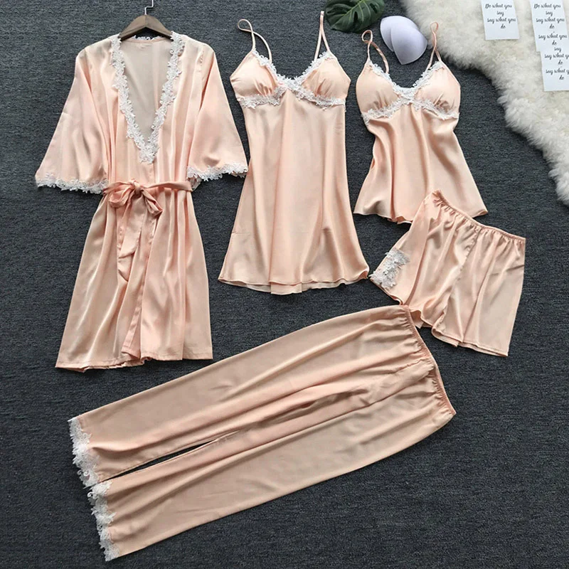 

Women Pajamas 5 Pieces Set Silk Satin Solid Pyjama Sets Sexy Pajamas with Pad Lace Night Suits Sleepwear Home Clothes
