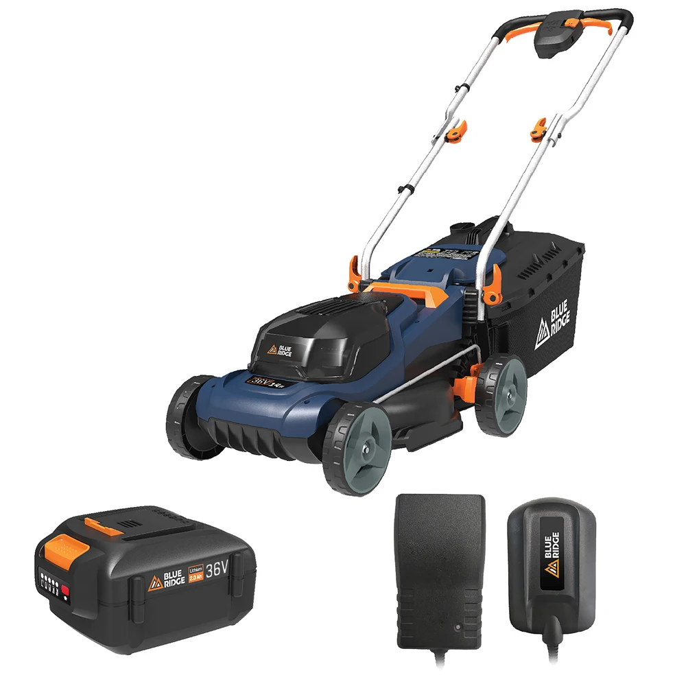 

BLUERIDGE Cordless LawnMower 36V Lithium-Ion Battery Mower 34cm cutting width BR8761 2.0Ah battery 6Stage Cut Height Adjustment