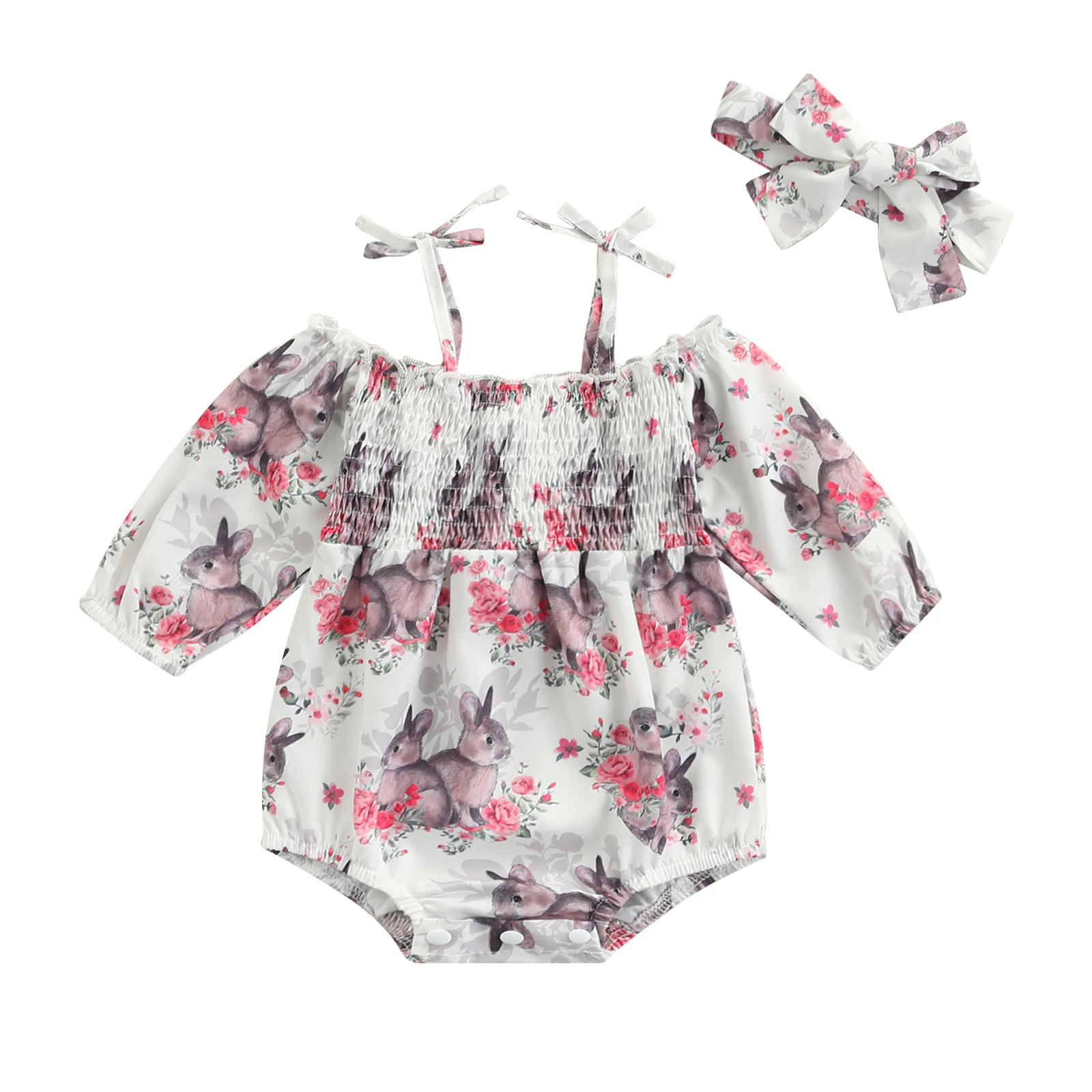 

Emmababy 2022 Girl Rabbit Floral Romper Suit Long Sleeve Spaghetti Straps Jumpsuit + Decorative Headband