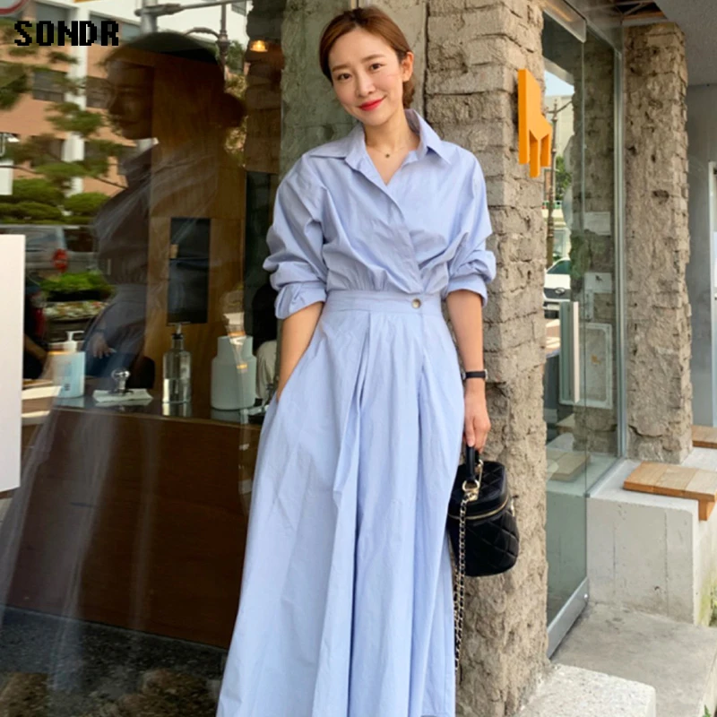 

Korean One-Piece Shirt Dress Women'S Dress Fall 2020 Autumn Lapel Cross-Side One-Button Waist Slim Fit A-Line Dress Long Dresses