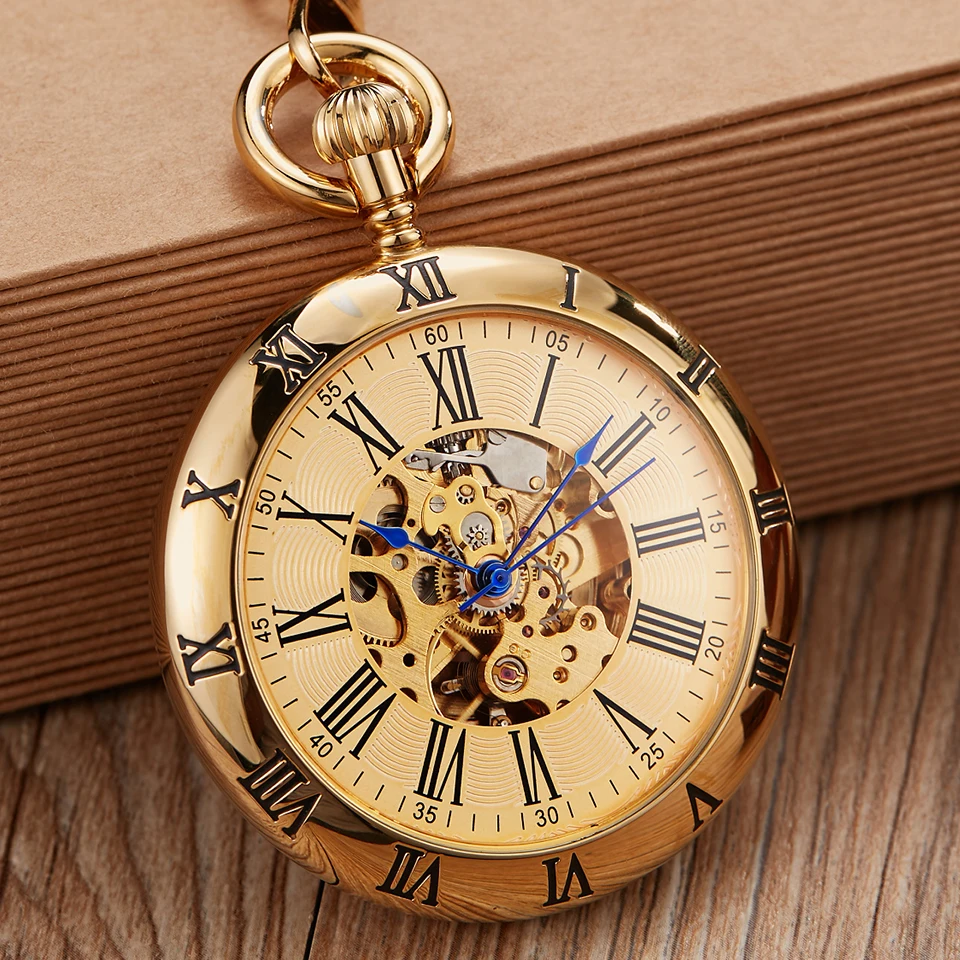 Retro Mechanical Pocket Watch Men Women Hand-wind Silver Gold Luxury Copper Skeleton Steampunk Watches FOB Chain Clock Pendants